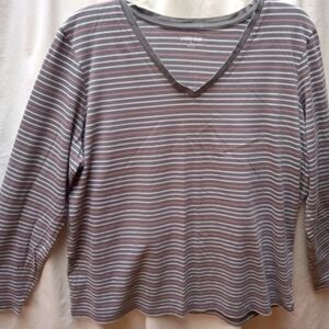 Lands End Striped V-Neck Long Sleeve Tee - Gray & Pink
